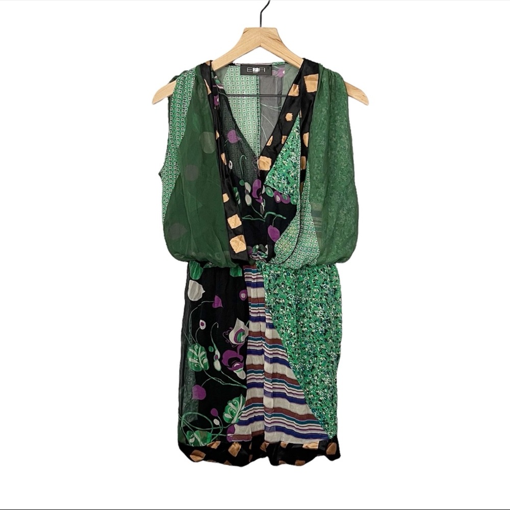 EFI France Silk Multicolor Patchwork Bubble Hem Cap Sleeve Dress M